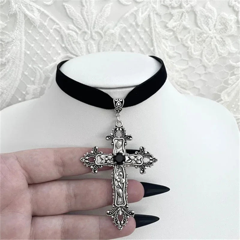 Goth Limited Black Velvet Cross Bead Choker Necklace