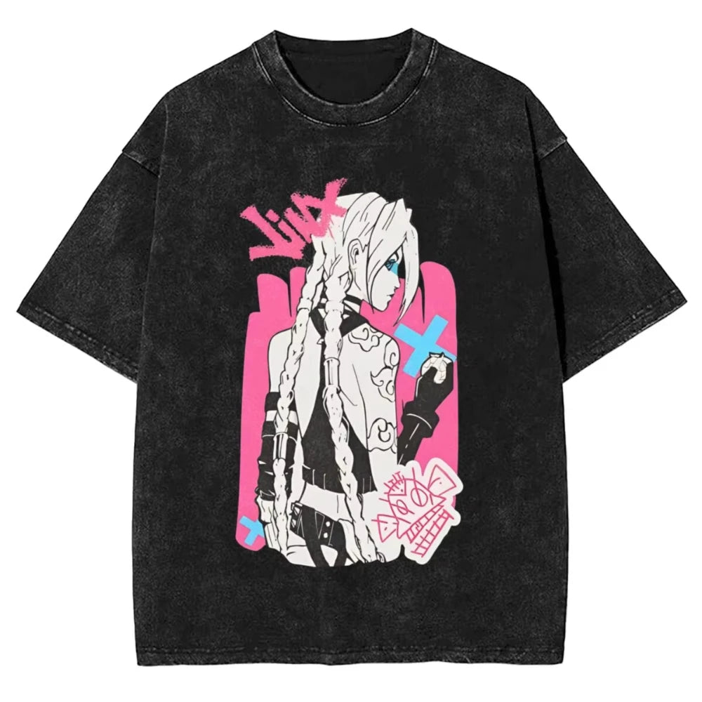 Hot Anime Arcane Jinx VIKTOR Caitlyn Washed T-shirt Monkey Graffiti