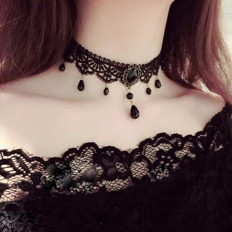 New Sexy Gothic Chokers Crystal Black Lace Neck