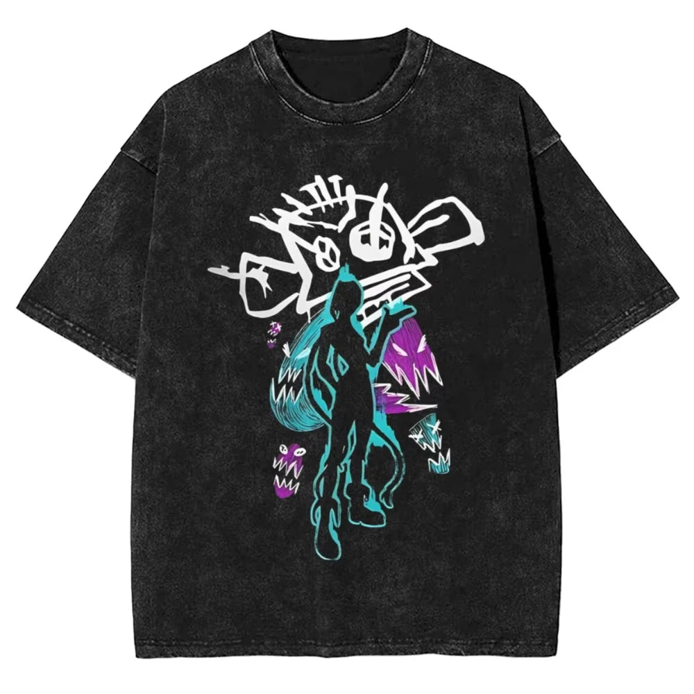 Hot Anime Arcane Jinx VIKTOR Caitlyn Washed T-shirt Monkey Graffiti