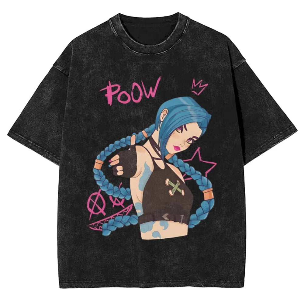 Hot Anime Arcane Jinx VIKTOR Caitlyn Washed T-shirt Monkey Graffiti