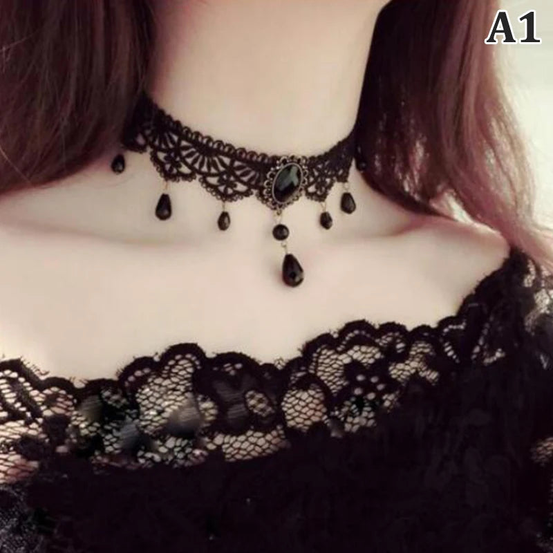 New Sexy Gothic Chokers Crystal Black Lace Neck