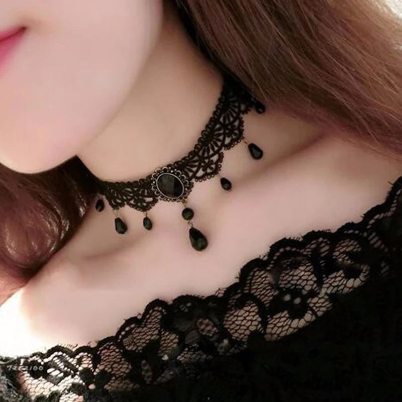 New Sexy Gothic Chokers Crystal Black Lace Neck