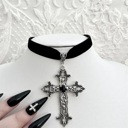 Goth Limited Black Velvet Cross Bead Choker Necklace