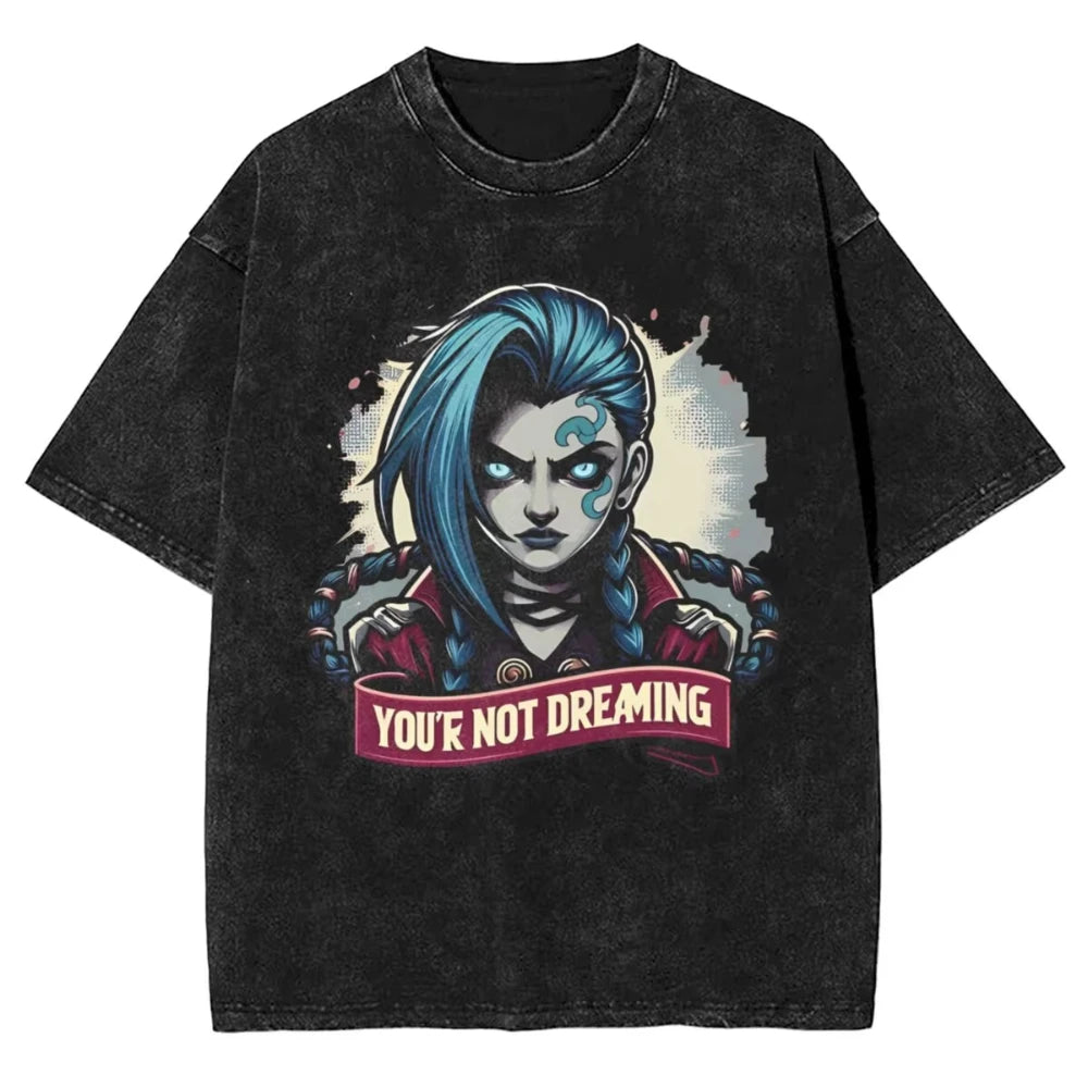 Hot Anime Arcane Jinx VIKTOR Caitlyn Washed T-shirt Monkey Graffiti