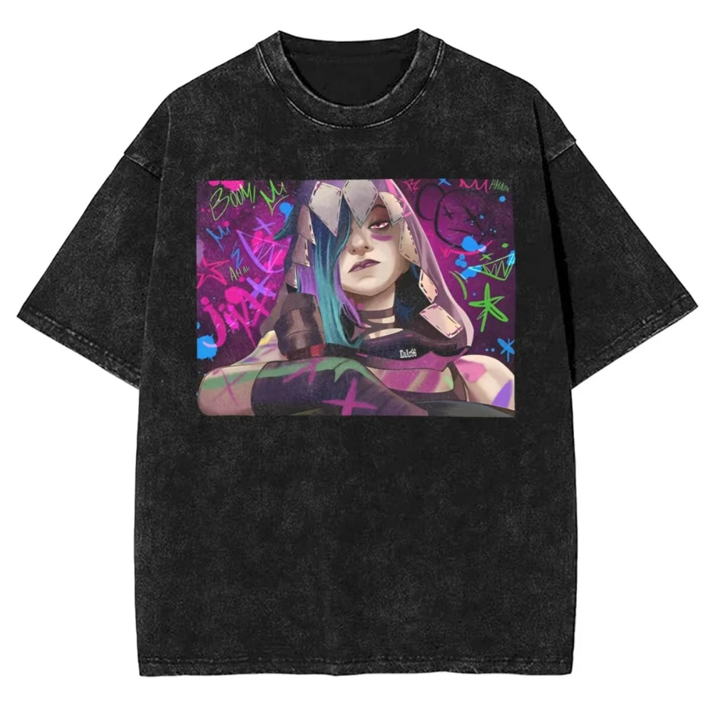 Hot Anime Arcane Jinx VIKTOR Caitlyn Washed T-shirt Monkey Graffiti