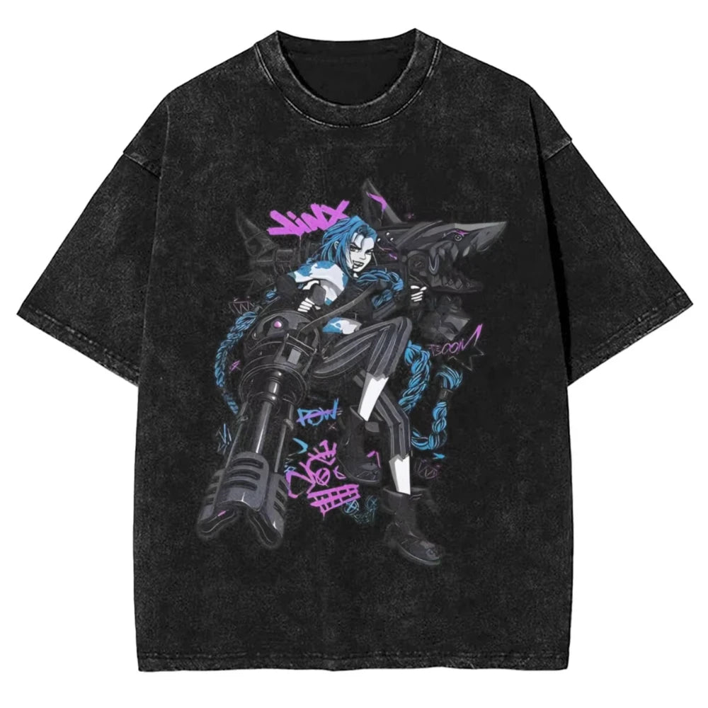 Hot Anime Arcane Jinx VIKTOR Caitlyn Washed T-shirt Monkey Graffiti