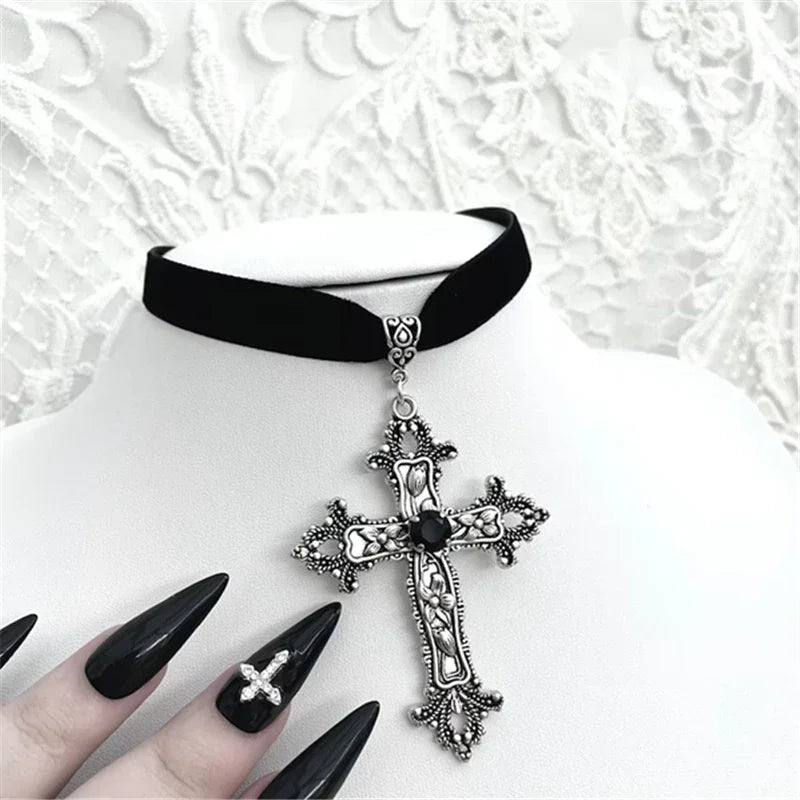 Goth Limited Black Velvet Cross Bead Choker Necklace