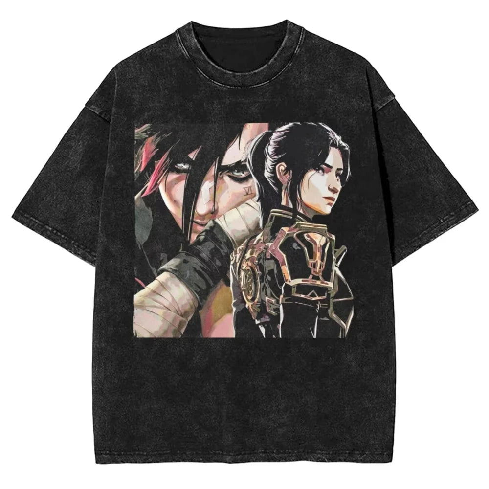 Hot Anime Arcane Jinx VIKTOR Caitlyn Washed T-shirt Monkey Graffiti