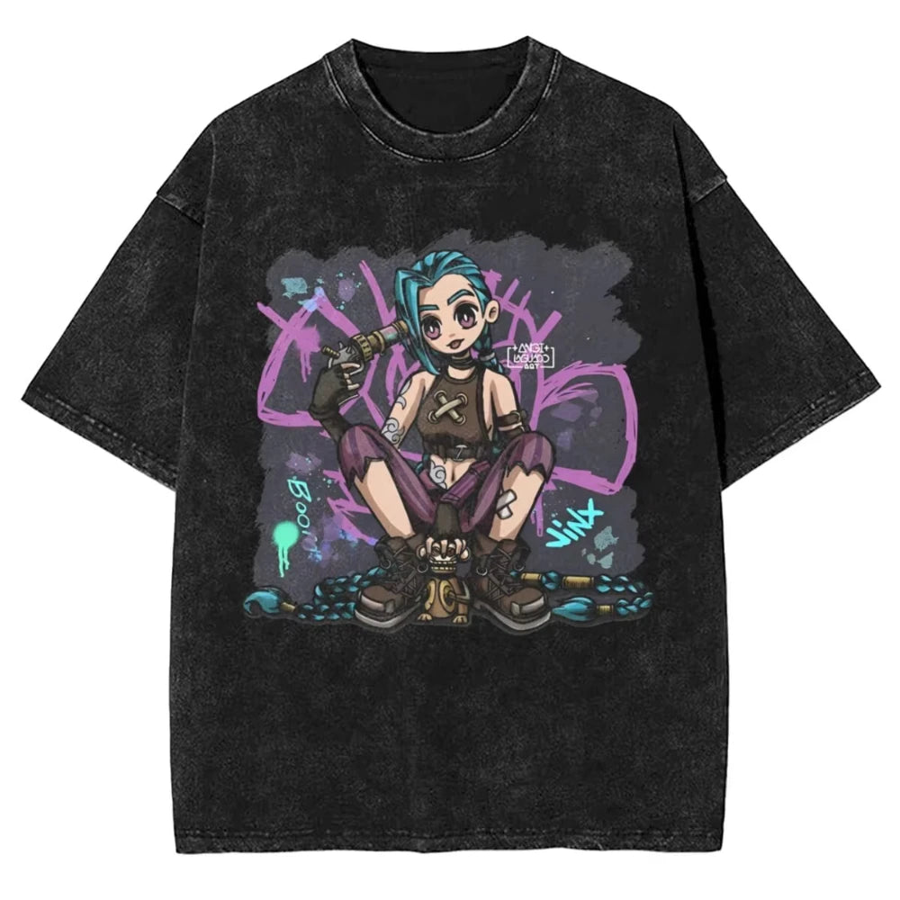 Hot Anime Arcane Jinx VIKTOR Caitlyn Washed T-shirt Monkey Graffiti