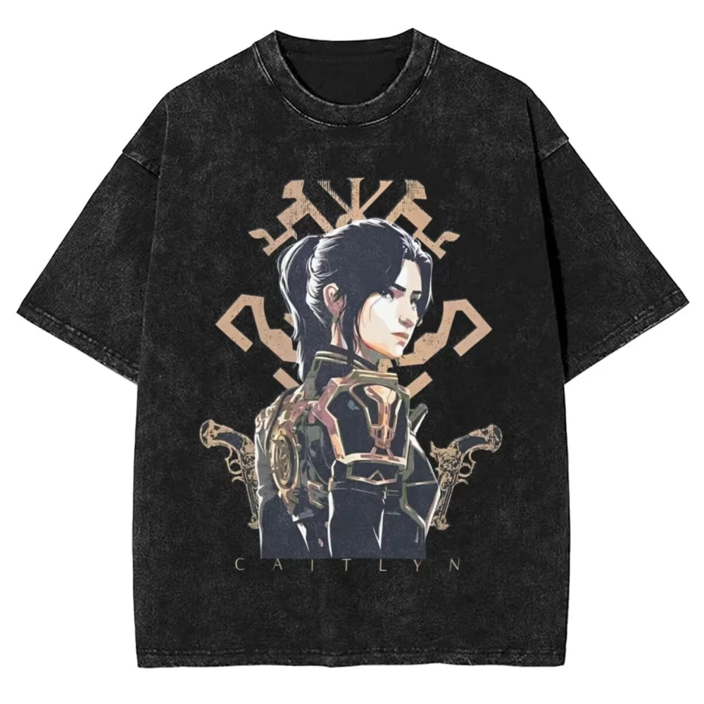 Hot Anime Arcane Jinx VIKTOR Caitlyn Washed T-shirt Monkey Graffiti