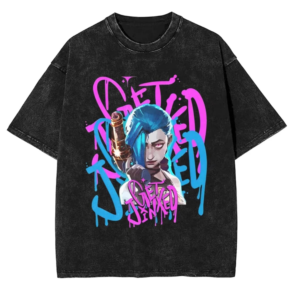 Hot Anime Arcane Jinx VIKTOR Caitlyn Washed T-shirt Monkey Graffiti