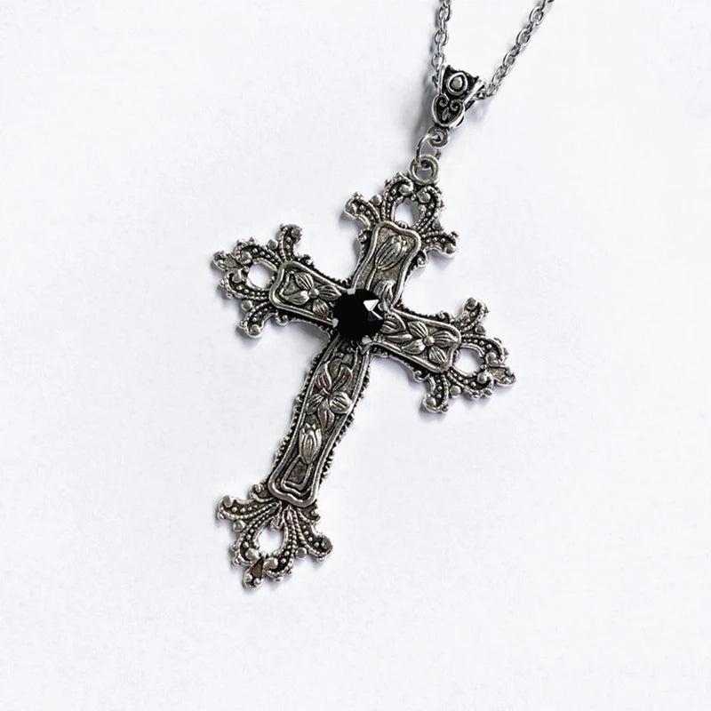 Goth Limited Black Velvet Cross Bead Choker Necklace