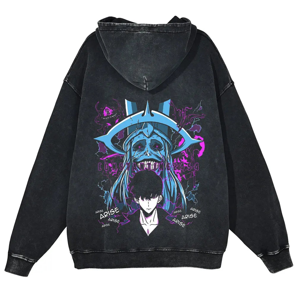 Anime Solo Leveling Retro Washed Hoodies Arise Print Vintage