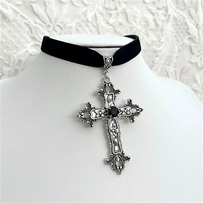 Goth Limited Black Velvet Cross Bead Choker Necklace