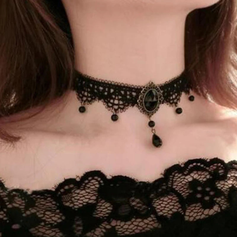 New Sexy Gothic Chokers Crystal Black Lace Neck