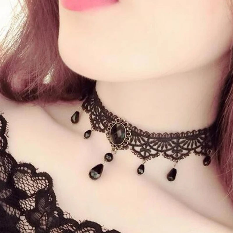 New Sexy Gothic Chokers Crystal Black Lace Neck