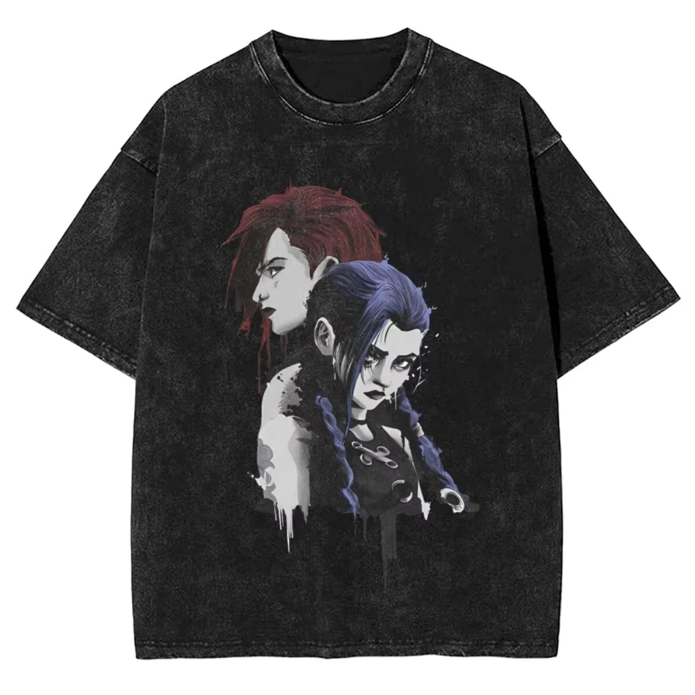 Hot Anime Arcane Jinx VIKTOR Caitlyn Washed T-shirt Monkey Graffiti